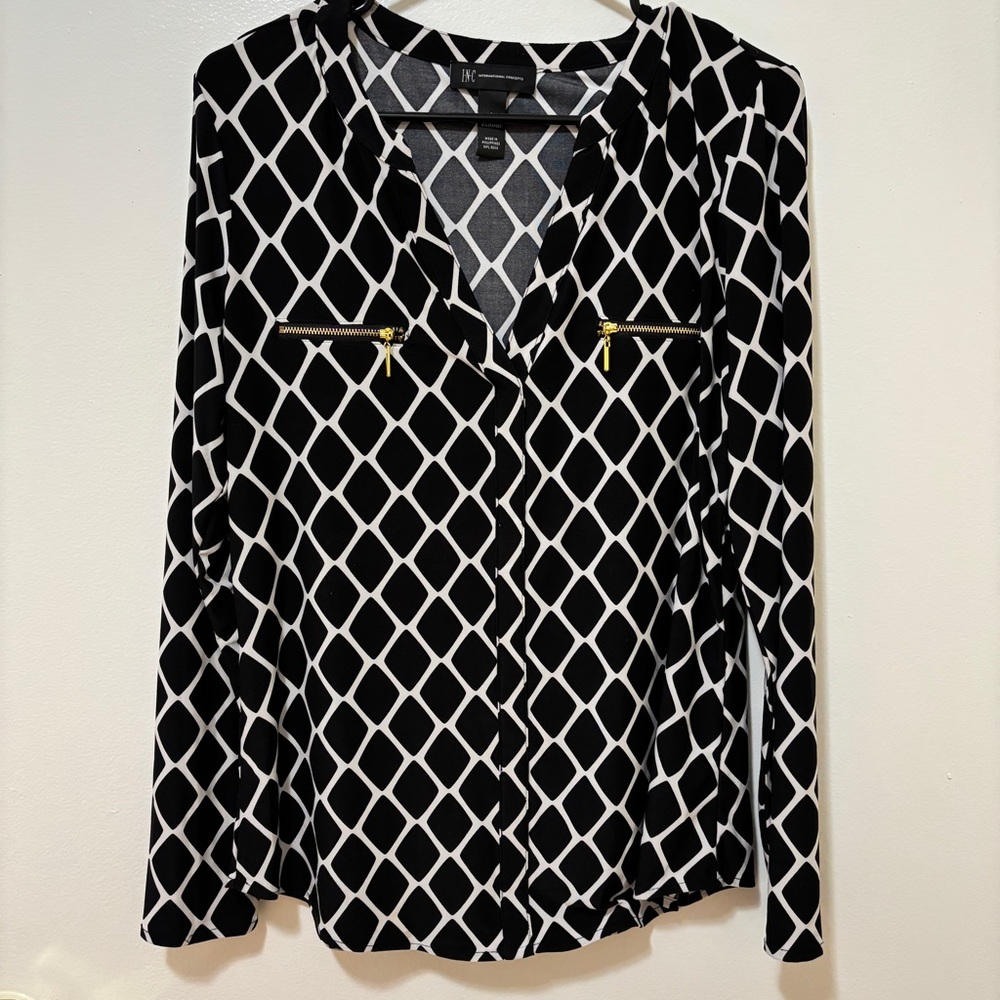 INC International Concepts Black and White Diamond Blouse